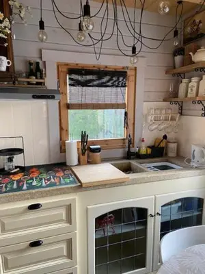 a kitchen with a counter top and a sink at Tinyhouse Woody at the Water in Zaandam