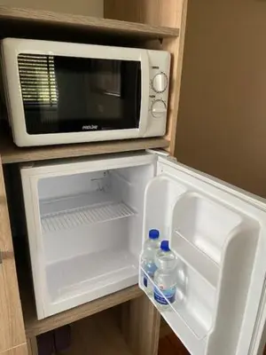a microwave oven sitting on top of a refrigerator at Tinyhouse Woody at the Water in Zaandam