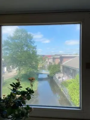 a window with a view of a street in a town at Tinyhouse Woody at the Water in Zaandam