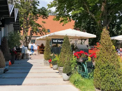 a sidewalk with potted plants and an umbrella at Luxurious historical Loft close to the beach! in Wassenaar