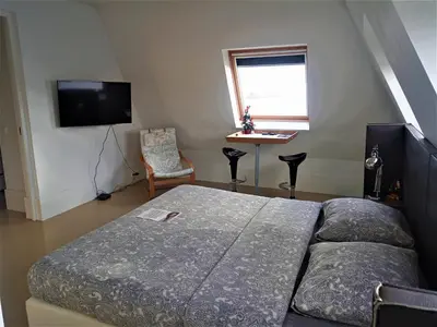a bedroom with a bed and a tv and a chair at Kaap Hoorn Club Bed en Breakfast in Hoorn