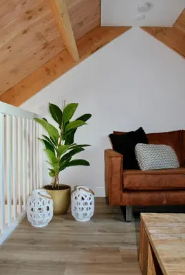a living room with a chair and a potted plant at Noxem b&b in Boesingheliede