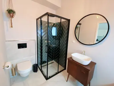 a bathroom with a shower and a sink and a mirror at Cozy historical Cottage (Huisje HèHè) in Wassenaar
