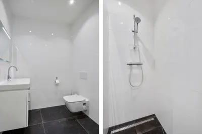 a white bathroom with a shower and a toilet at Five Churches View apartments in Haarlem