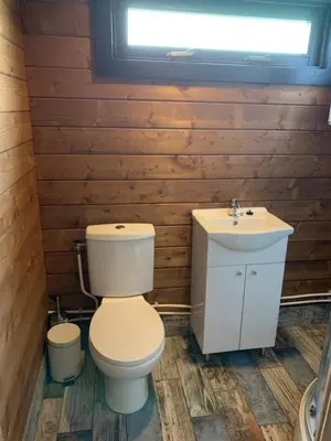 a bathroom with a toilet and a sink at Chalet - B&B de Koog in Uitgeest