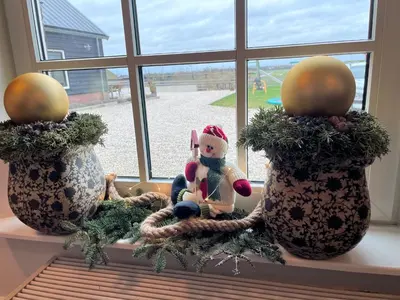 three vases sitting on a window sill with christmas decorations at Christinahoeve Hooiberg #6 in Boskoop
