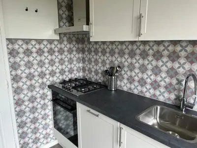a kitchen with a stove and a sink at Christinahoeve Hooiberg #6 in Boskoop