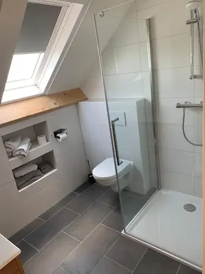 a bathroom with a toilet and a glass shower at Christinahoeve Logies in Boskoop
