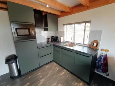 a kitchen with green cabinets and a sink at Mariahoeve-Logies #'t Hooihuis in Woubrugge