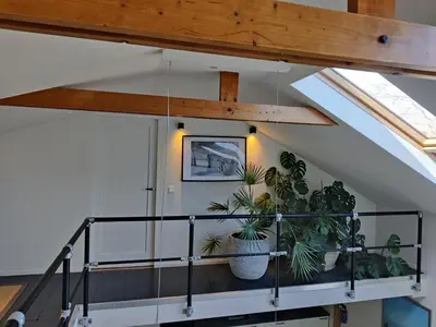 a staircase with potted plants in a house at Luxe vakantiehuis met sauna De Barn Bergen in Bergen