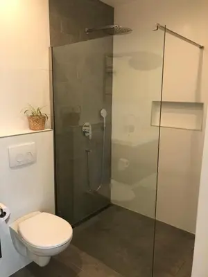 a bathroom with a glass shower with a toilet at Flowerbed in Voorhout