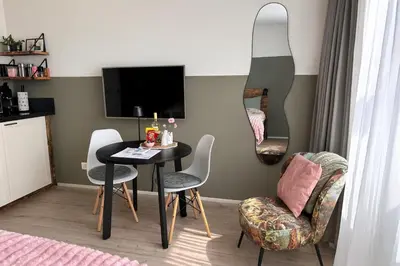 a living room with a table and chairs and a tv at Flowerbed in Voorhout
