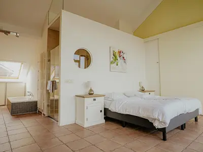 a bedroom with a bed and a shower and a tub at Apartment Penthouse by Interhome in Uitgeest