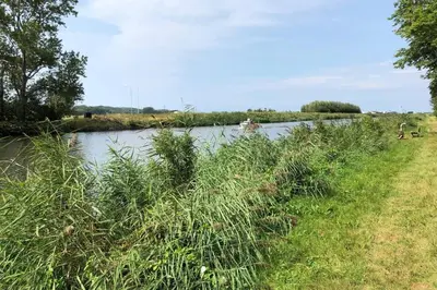 a river with a grassy bank next to a field at Knus familiehuisje nabij Bergen en Schoorl in Warmenhuizen