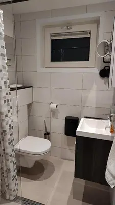 a bathroom with a toilet and a sink and a window at Goody in Zandvoort