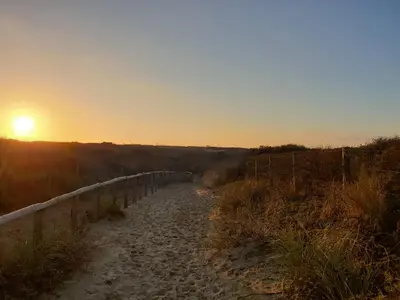 a dirt road with the sunset in the background at Little Lodge Noordwijk aan Zee in Noordwijk
