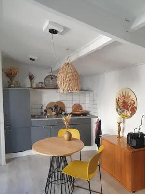 a kitchen with a table and chairs in a room at Little Lodge Noordwijk aan Zee in Noordwijk