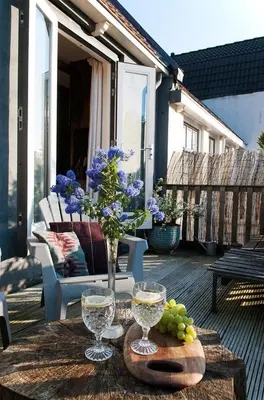 a table with two wine glasses and grapes on a patio at RiverSide Suite - Haarlem City Centre in Haarlem