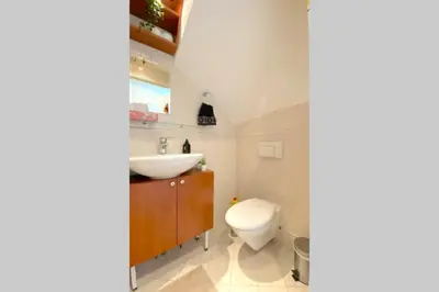 a bathroom with a white toilet and a sink at Who's Anton? Monnickendam, vlak bij Amsterdam in Monnickendam