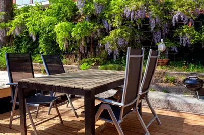 a wooden table and chairs in a garden at Dreamtime Houseboat in Amsterdam