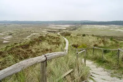 a wooden fence on a hill with a dirt road at Appartement Schoorl in Schoorl