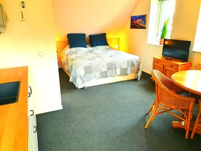 a bedroom with a bed and a table and a television at Appartement Schoorl in Schoorl