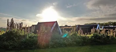 a house in a field with the sun in the background at Hotelhuisje Warmenhuizen #F in Warmenhuizen