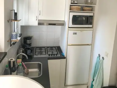 a small kitchen with a refrigerator and a microwave at Huize Beemsterlaan in Bergen