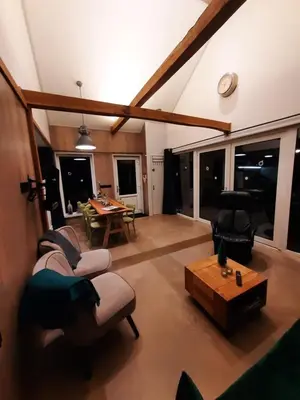 a living room with couches and a table with a pool table at Vakantievilla 10 km van strand honden welkom omheinde tuin sauna buitenbad in Dirkshorn