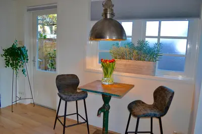 a kitchen with a table with two chairs and a vase of flowers at Studio/appartment EVI in Zandvoort