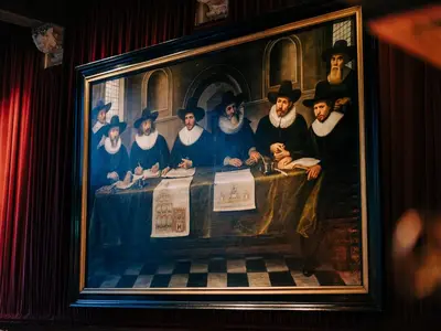 a painting of a group of men sitting at a table at Relais & Châteaux Weeshuis Gouda in Gouda