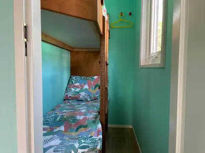 a bunk bed in a room with green walls at Summer house on the Dutch coast in IJmuiden