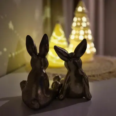 two bronze figurines of two rabbits sitting on a table at Tiny Villa de Haas met Infraroodsauna in Egmond aan Zee