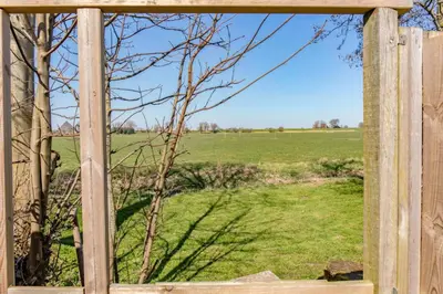 a window view of a field through a wooden fence at Chalet 536 op Recreatiepark De Wielen in Sint Maarten