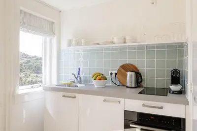 a kitchen with white cabinets and a sink and a window at Villa Parnassia in Bergen aan Zee
