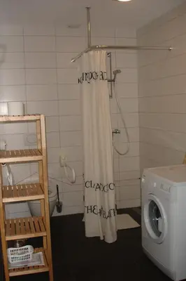a bathroom with a shower curtain and a washing machine at Newhouse Logies in Zevenhoven
