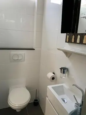 a white bathroom with a toilet and a sink at King almost by the sea in Zandvoort