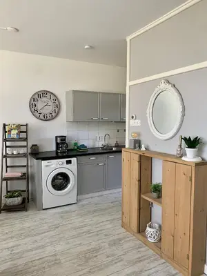 a kitchen with a washing machine and a sink at Amsterdam Beach Apartment 2, Private Garden in Zandvoort