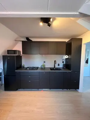 a kitchen with black cabinets and a sink at Studio Wijkhuizen in Zandvoort