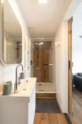 a bathroom with a shower and a sink and a mirror at BnB Purmerland in Purmerend