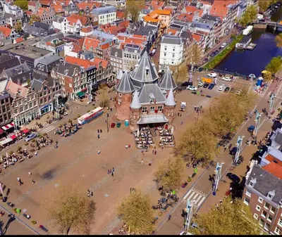an aerial view of a city with a building at Hotel & bar Royal taste Amsterdam in Amsterdam