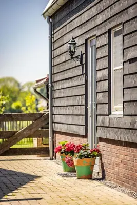 two potted plants on the side of a building at De Heerlijkheid Hensbroek in Hensbroek