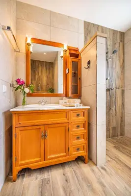 a bathroom with a sink and a mirror and a shower at De Heerlijkheid Hensbroek in Hensbroek