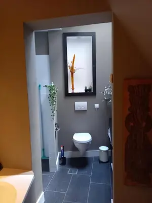 a bathroom with a toilet and a picture on the wall at Vakantiehuis De Oude Bakkerij in Katwijk aan Zee