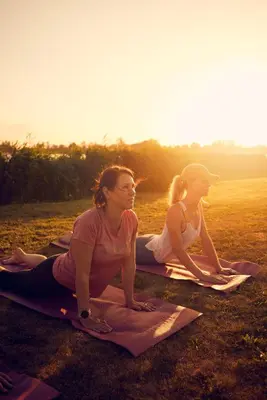 two women sitting on the grass in a field at Dutchen Erfgoedpark De Hoop Appartementen in Uitgeest