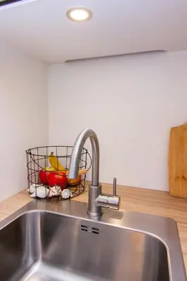 a kitchen sink with a bird in a basket on it at Coast Guesthouse in Zandvoort