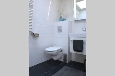 a white bathroom with a toilet and a sink at Stylish Canalhouse B in Amsterdam