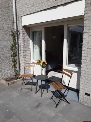 a patio with two chairs and a table with flowers on it at Sunny Residence in Zandvoort