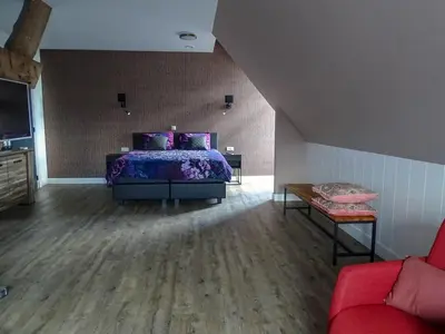 a bedroom with a bed and a couch at Bed & Breakfast De Leekerhoek in Oosterleek