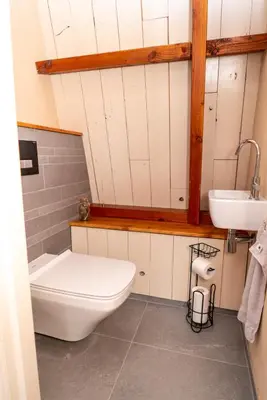 a bathroom with a toilet and a sink at klein polderhuis - bollenschuur in Roelofarendsveen